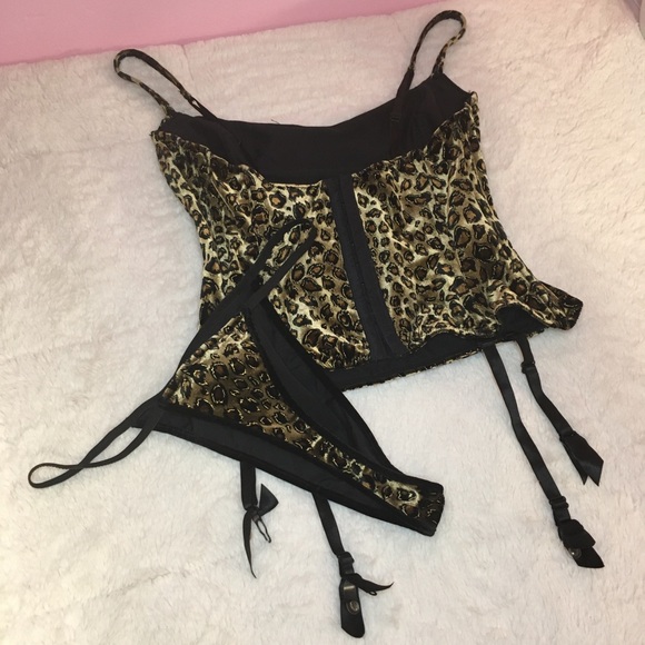 Vintage 90s Intimate Attitudes 2 Piece Velvet Cheetah Print Corset Thong Set - Picture 3 of 4